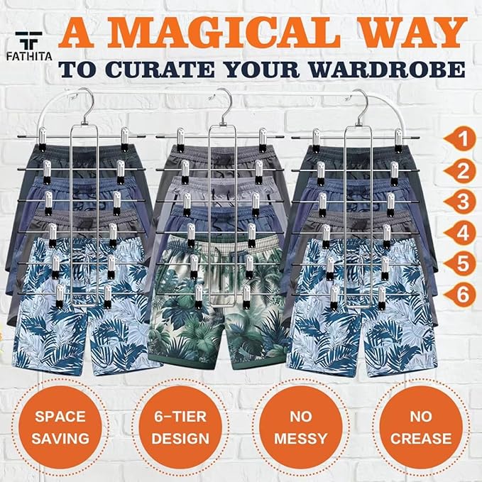 Closet-Organizers-and-Storage,6 Tier Pants-Hangers-Space-Saving,Skirt-Hangers with Clips for Closets Organizer,College-Dorm-Room-Essentials,4 Pack Closet Storage Clothes Shorts Hanger (4 Pack-Silver)