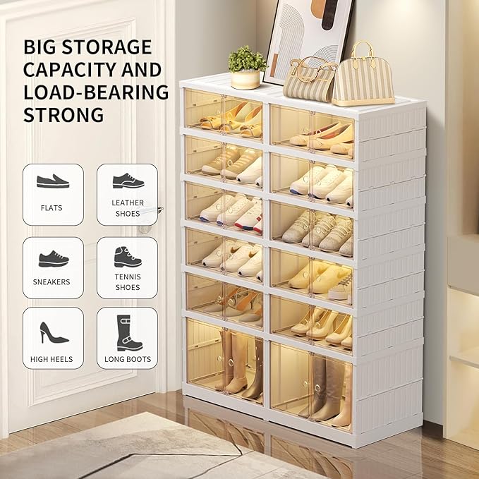 EHAMILY 6 Tier Foldable Shoe Rack Organizer for Closet 12-24Pairs Plastic Collapsible Shoe Shelf for front door entrance Stackable Clear Folding Shoes Storage Boxes XLarge Shoe Cabinet