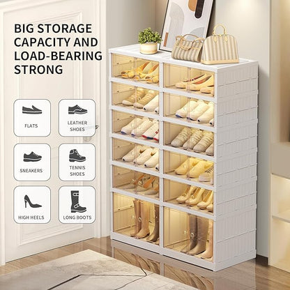 EHAMILY 6 Tier Foldable Shoe Rack Organizer for Closet 12-24Pairs Plastic Collapsible Shoe Shelf for front door entrance Stackable Clear Folding Shoes Storage Boxes XLarge Shoe Cabinet
