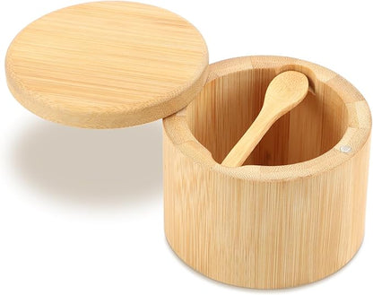 Magnetic Rotating Lid Bamboo Spice Jar with Built in Spoon, 6oz Salt Cellar Small Sal-t Box, Kitchen Salt Pepper Shaker, Easy-Pour Spice Dispenser for Sugar, Herbs, Seasonings(COLOR:Wood)