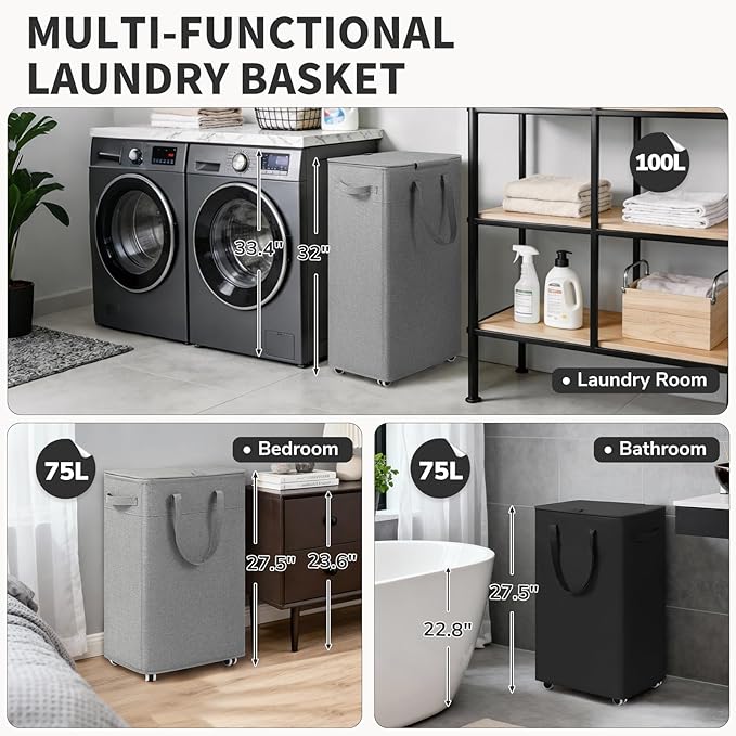 Goodpick Black Laundry Basket with Wheels and Lid, 75L Rolling Laundry Hamper for Dorm Bathroom, Large Tall Dirty Clothes Hamper with Removable Wash Bag, 16.5" x 12.5" x 27.5"
