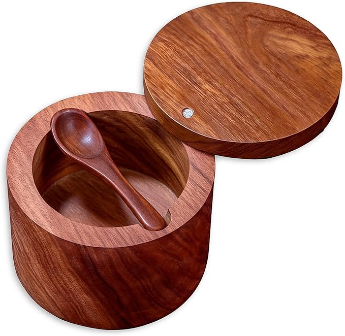 Wooden Salt Cellar with Magnetic Swivel Lid & Built-in Spoon, Salt Box for Kitchen Countertop, Premium Rosewood Salt Keeper for Sea Salt, Pepper & Spices (4.5 oz)