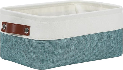 DULLEMELO Small Storage Bin,Small Fabric Rectangular Storage Basket for Shelves,Foldable Bin with Handles for Toy and Clothes Storage (White&Dark Green,1 PACK)