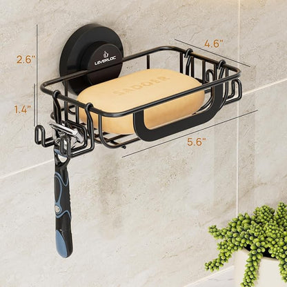 LEVERLOC Bar Soap Holder for Shower with Hoos, Suction Cup Soap Dish Rustproof Stainless Steel for Bathroom Accessories, Sponge Saver Black