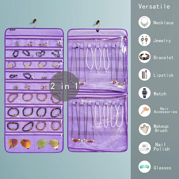 Dual-sided Hanging Jewelry Organizer Necklace Holder Jewelries Storage with 34 Zippered Pockets and 14 Dustproof Hook Loops (PURPLE)