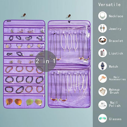 Dual-sided Hanging Jewelry Organizer Necklace Holder Jewelries Storage with 34 Zippered Pockets and 14 Dustproof Hook Loops (PURPLE)