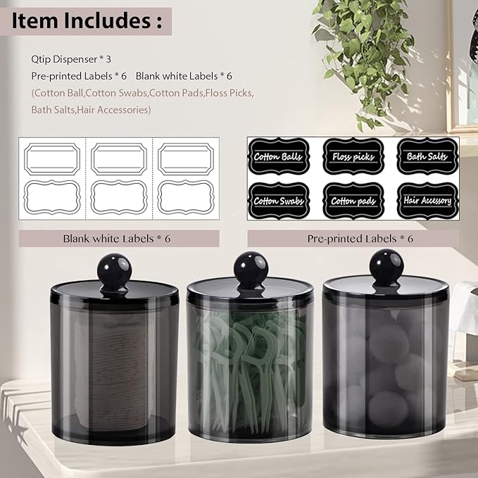 SheeChung 3 Pack Qtip Holder,Apothecary Jars with Lids, Cotton Round Holder with Labels,Minimalist Shatterproof Bathroom Organizer Set for Cotton Swabs,Balls,Pads,Bathroom Accessories (Black)