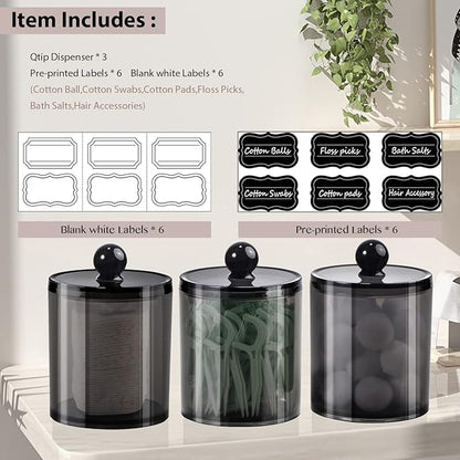 SheeChung 3 Pack Qtip Holder,Apothecary Jars with Lids, Cotton Round Holder with Labels,Minimalist Shatterproof Bathroom Organizer Set for Cotton Swabs,Balls,Pads,Bathroom Accessories (Black)
