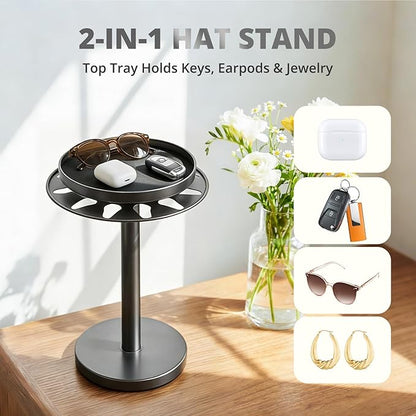 kondyfayo 360° Rotating Hat Organizer for Baseball Caps, Stainless Steel Hat Rack Holder with Top Storage Tray for Small Essentials, Ball Cap Storage Organizer for Closet, Entryway, Display (T-Black)