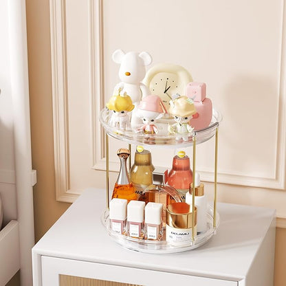 Delamu Rotating Makeup Organizer for Vanity, 2 Tier Bathroom Counter Organizer with Stackable Design, Spinning Skincare Organizer for Bathroom Countertop, Perfume Cosmetic Storage, Clear