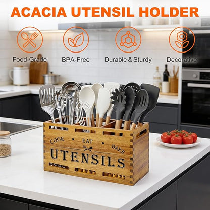 Acacia Wood Extra Large Utensil Holder for Kitchen Counter Rustic Spatula Holder For Counter Top Organizer Kitchen Cooking Utensil Storage Countertop Silverware Caddy Wooden Spoon Kitchen Tools Holder