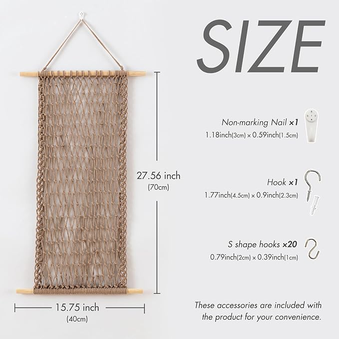 Pretty Jolly Hanging Jewelry Mesh Organizer Macrame Wall Mounted Necklaces Storage Earring Display Rack Girls Hair Clips Hanger with 20 Pieces S Shape Hooks for Bracelets,Necklace and Rings(Coffee)