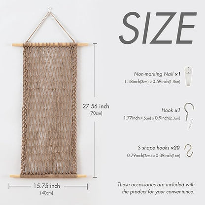 Pretty Jolly Hanging Jewelry Mesh Organizer Macrame Wall Mounted Necklaces Storage Earring Display Rack Girls Hair Clips Hanger with 20 Pieces S Shape Hooks for Bracelets,Necklace and Rings(Coffee)