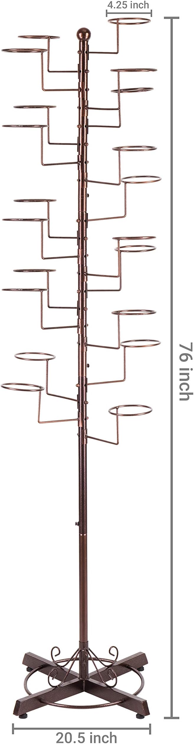 MyGift Hat Rack Tree, Cowboy Hat Display Stand, Baseball Cap Organizer Storage, Freestanding Retail Wig Holder with 20 Customizable Circular Hooks, for Multiple Hats, Dark Brown Metal