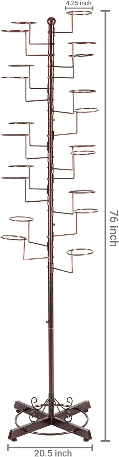 MyGift Hat Rack Tree, Cowboy Hat Display Stand, Baseball Cap Organizer Storage, Freestanding Retail Wig Holder with 20 Customizable Circular Hooks, for Multiple Hats, Dark Brown Metal
