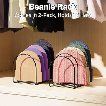 2 Pack Black Metal Beanie Organizer for 12 Hats, Vertical Knitted Hat Display Stand for Multiple Hats, Beanie Storage for Closet Entryway Desktop Bedroom