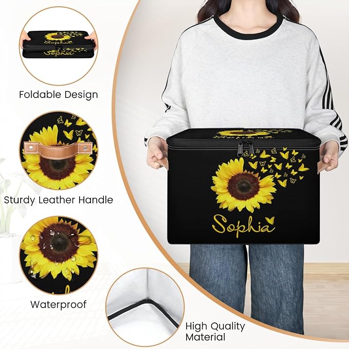 Custom Sunflower Storage Bins with Lid, Foldable Personalized Storage Basket Boxes with Handle Shelf Basket Closet Organizer Cube