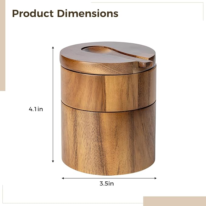 Acacia Wood Salt Cellar, 2-Layer Wooden Seasoning Box with Spoon and with Strong Attachment Force Swivel Lid, 4.1x3.5x3.5 in Kitchen Spice Container Organizer, Brown