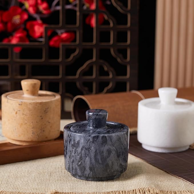 Natural Marble Salt Cellar with Lid, Stone Salt Bowl,Spice Jar,Handcrafted Seasoning Storage Box for Kitchen Container(Black)
