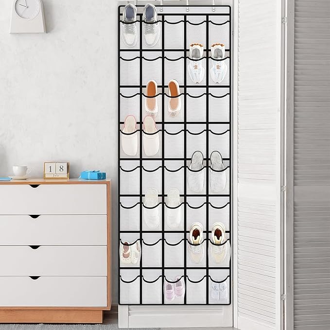 Over the Door Shoe Organizer, 40 Large Mesh Pockets Hanging Shoe Rack for Door, Space Saving Shoe Storage Organizer for Closet, Bedroom, Entryway, White