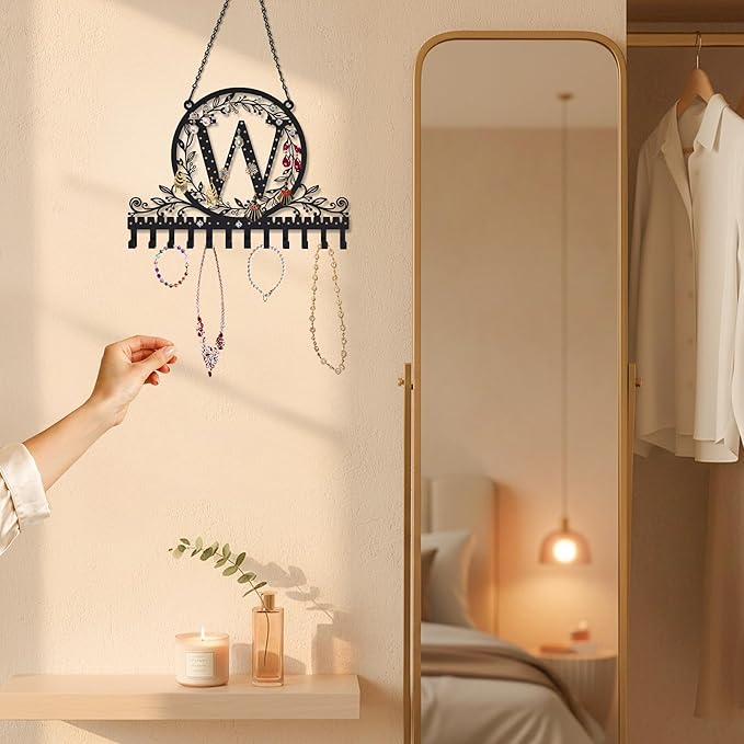 Wall-Mounted Metal Initial Letter W Earring Holder Hanging Jewelry Organizer for Earrings and Necklaces Space-Saving Wall Display with Hooks for Jewelry Storage