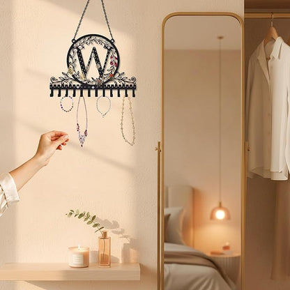 Wall-Mounted Metal Initial Letter W Earring Holder Hanging Jewelry Organizer for Earrings and Necklaces Space-Saving Wall Display with Hooks for Jewelry Storage