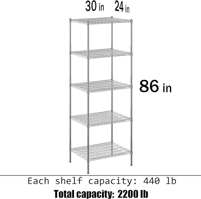 24" Deep x 30" Wide x 86" Height Wire Shelving Kit | 5-Tier | NSF Commercial Storage Rack Unit