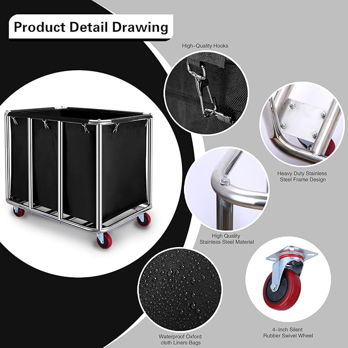Commercial Laundry cart with Wheels,400L Large Laundry Basket with Wheels,Laundry Hamper on Wheels Heavy Duty with Steel Frame and Waterproof Oxford Cloth, 440Lbs Load (C-Black)