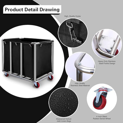 Commercial Laundry cart with Wheels,400L Large Laundry Basket with Wheels,Laundry Hamper on Wheels Heavy Duty with Steel Frame and Waterproof Oxford Cloth, 440Lbs Load (C-Black)