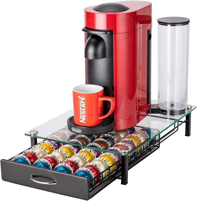 FlagShip for Nespresso Pod Holder Drawer Coffee Pod Organizer for Nespresso Capsule Holder Crystal Tempered Glass Storage Tray (40 Vertuo Pods Capacity)