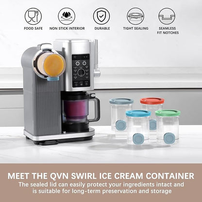 QVN 4 Pack for Ninja Swirl Pints, Creami Containers Compatible with NC700 Series Swirl Creami Maker & Soft Serve Ice Cream Maker - Dishwasher Safe & Freeze Safe