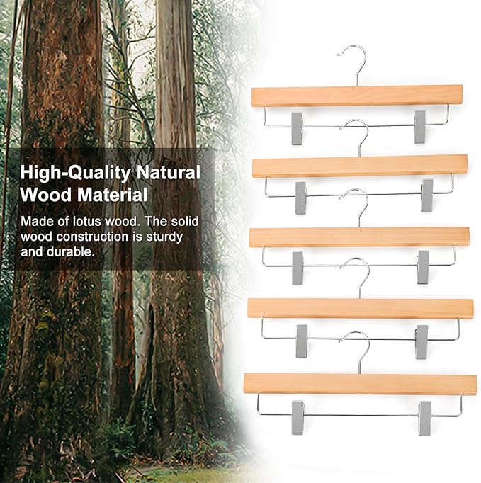 TOPIA HANGER Lotus Wood Pants Hangers, Natural Wooden Skirt Short Jeans Trouser Hanger with Smooth Surface 360° Swivel Hook Anti Rust 2 Adjustable Clips, 20 Pack, CT10PY20