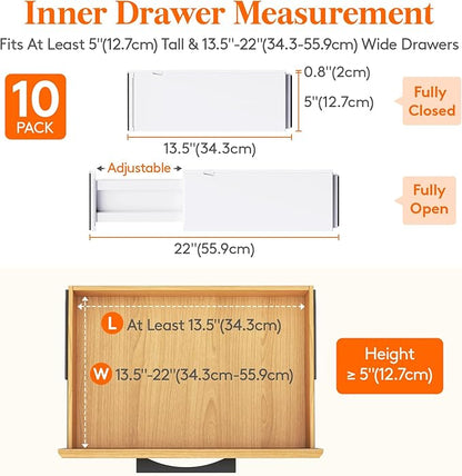 Lifewit 10 Pack 5" High Drawer Dividers 34-56cm/13.5-22" Adjustable Drawer Organizer for Clothes/Utensils, Expandable Drawer Separator in Dresser/Kitchen/Bedroom/Office Organization & Storage White
