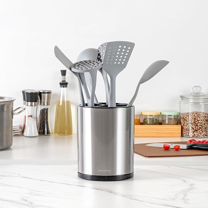 Restaurantware Stainless Steel Utensil Holder 1 Count 6.2 x 6.2 x 7.9 Inches Durable Cutlery Storage Flatware Organizer Rust-Resistant Sink Caddy Silver Kitchenware Holder