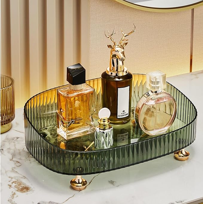 Makeup Perfume Organizer, Vanity Tray, Cosmetic Skincare Organizer, Countertop Organizer Tray for Bathroom Vanity Dresser Table, Green