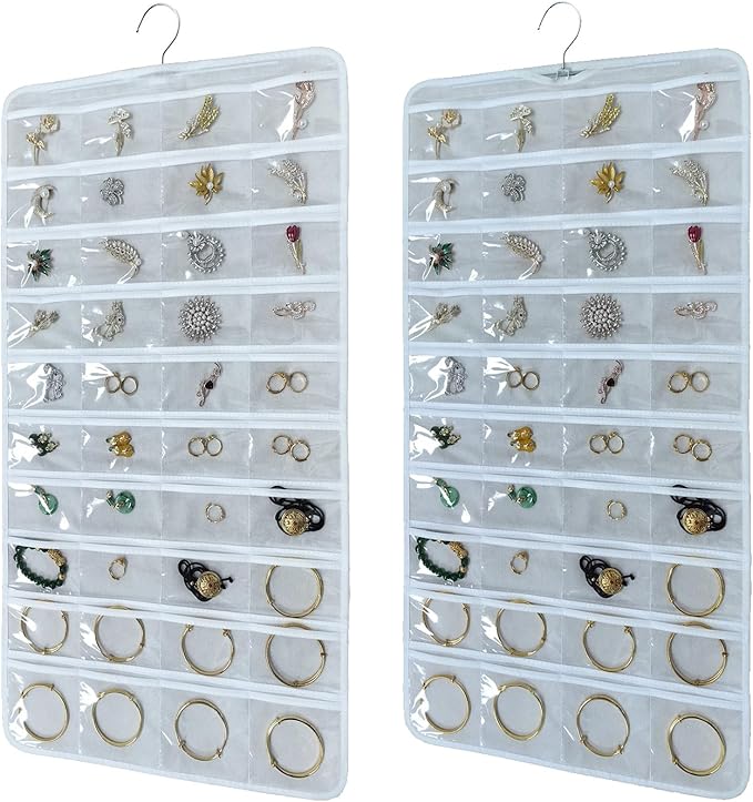 80 Pocket Hanging Jewelry Organizer with Hanger Metal Hooks Storage On Wall Door Closet Double-Sided(Each Side 40 Pockets) Jewelry Holder for Earrings, Necklaces, Rings (White+White)