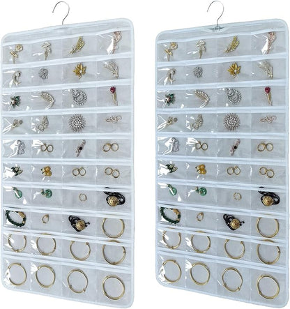 80 Pocket Hanging Jewelry Organizer with Hanger Metal Hooks Storage On Wall Door Closet Double-Sided(Each Side 40 Pockets) Jewelry Holder for Earrings, Necklaces, Rings (White+White)