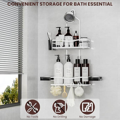 REINHARDT Shower Caddy Hanging, Rustproof Shower Caddy Anti-Swing Shower Organizer No Drilling Showers Racks with Soap Holder Multi Hooks Bathroom Storage for Shampoo Sponge, White