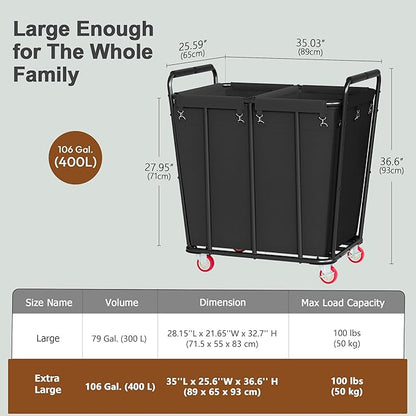 Hoctieon 2 Section Laundry Sorter Cart, 400L Rolling Hamper with Wheels, Industrial Laundry Basket Organizer, Extra Large Dirty Clothes Hamper for Home & Hotel, Heavy Duty, Black