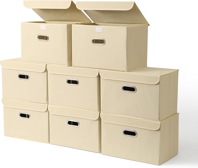 STOREONE Fabric Storage Cube Bins Foldable Organizer Container Collapsible Basket with Lids and Metal Handles, for Home, Bedroom, Closet 8 Pcs (Creamy-White)