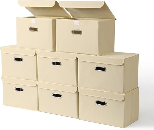STOREONE Fabric Storage Cube Bins Foldable Organizer Container Collapsible Basket with Lids and Metal Handles, for Home, Bedroom, Closet 8 Pcs (Creamy-White)
