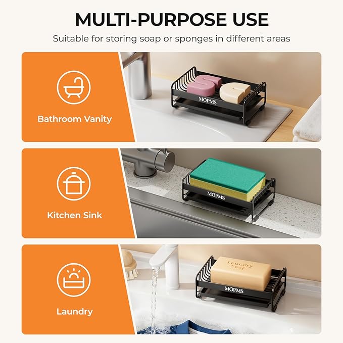 Soap Dish for Shower, Carbon Steel Bar Soap Holder with Drainage and Water Tray, Soap Saver for Bathroom, Kicthen Sink and Countertop