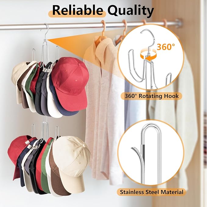 NANATI Hat Hangers for Closet, 1 Pack Stainless Steel Hat Organizer, Hat Racks for Baseball Caps, Cap Organizer for Baseball Caps, Silvery