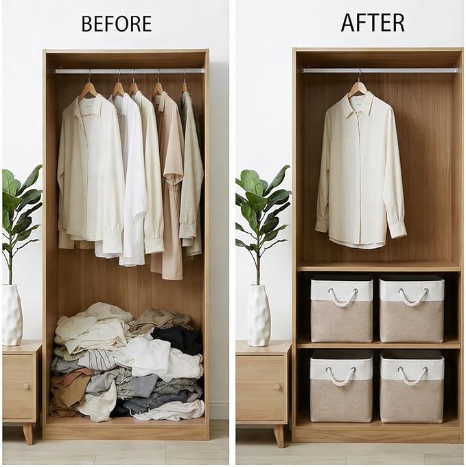 Cube Storage Bins, Collapsible Fabric Storage Cubes Bins, 11 Inch Cube Storage Bins with Handles, Foldable Storage Cubes (White/Beige, 6Pack)