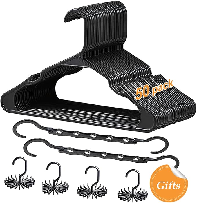 VECELO 50 Pack Plastic Hangers-Clothes Hangers Set with Shoulder Non Slip Notches for Closet Space Saving-Heavy Duty Coat Hanger,Black