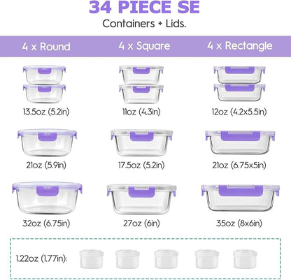 34pcs Glass Food Storage Containers with Lids Set, Airtight Glass Meal Prep Containers (17 Containers & 17 Lids), Leak Proof Lunch Container BPA-Free, Microwave, Oven, Freezer, Dishwasher Safe-Purple