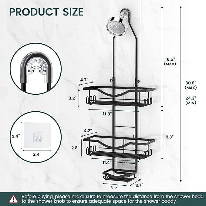 Shower Caddy Hanging Adjustable Shower Caddy, Rustproof Shower Organizer Extended Length Shower Caddies Over Shower Head with Hooks Soap Holder, Large Capacity Anti-Swing Bathroom Storage, Black