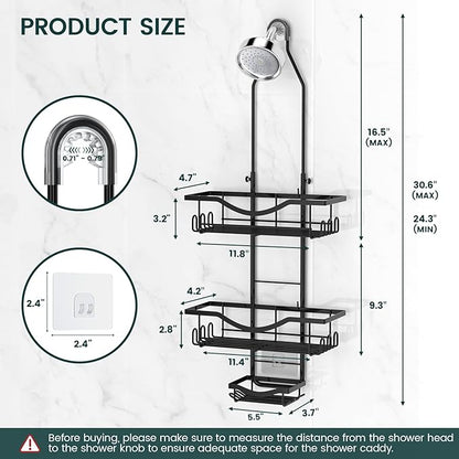 Shower Caddy Hanging Adjustable Shower Caddy, Rustproof Shower Organizer Extended Length Shower Caddies Over Shower Head with Hooks Soap Holder, Large Capacity Anti-Swing Bathroom Storage, Black