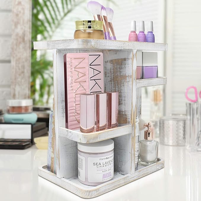 Sorbus 360° Makeup Organizer - Grey Rustic Wood Storage Carousel for Cosmetics, Make Up, Skin Care Organizer - Rotating Makeup Organizer for Vanity, Bathroom Storage, Bedroom, Kitchen, Desk, Dorm