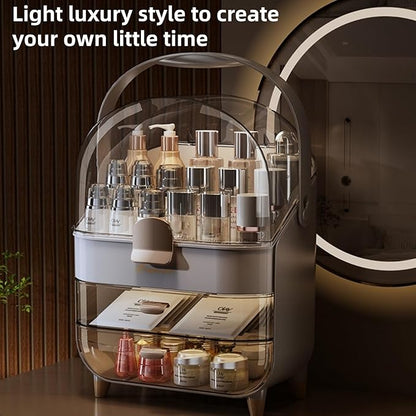 Makeup Organizer, Skincare Organizers with Clear Lid & 2 Drawers and 360° Rotating Brush Holder